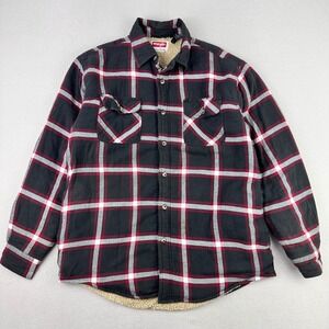 Wrangler Flannel Shirt Jacket Mens Medium Black Plaid Sherpa Fleece Lined Work